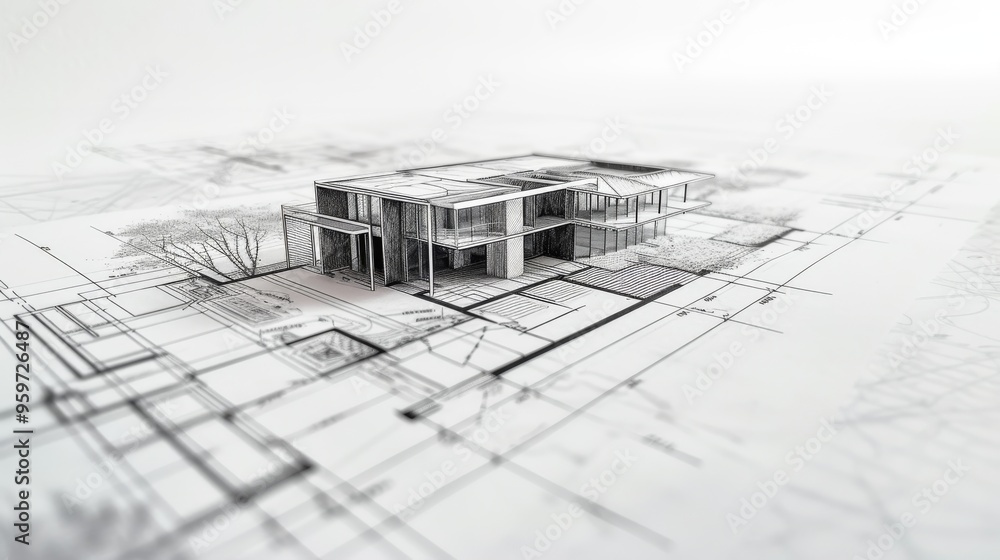 Poster a modern house model is displayed on an architectural blueprint, highlighting the detailed design an