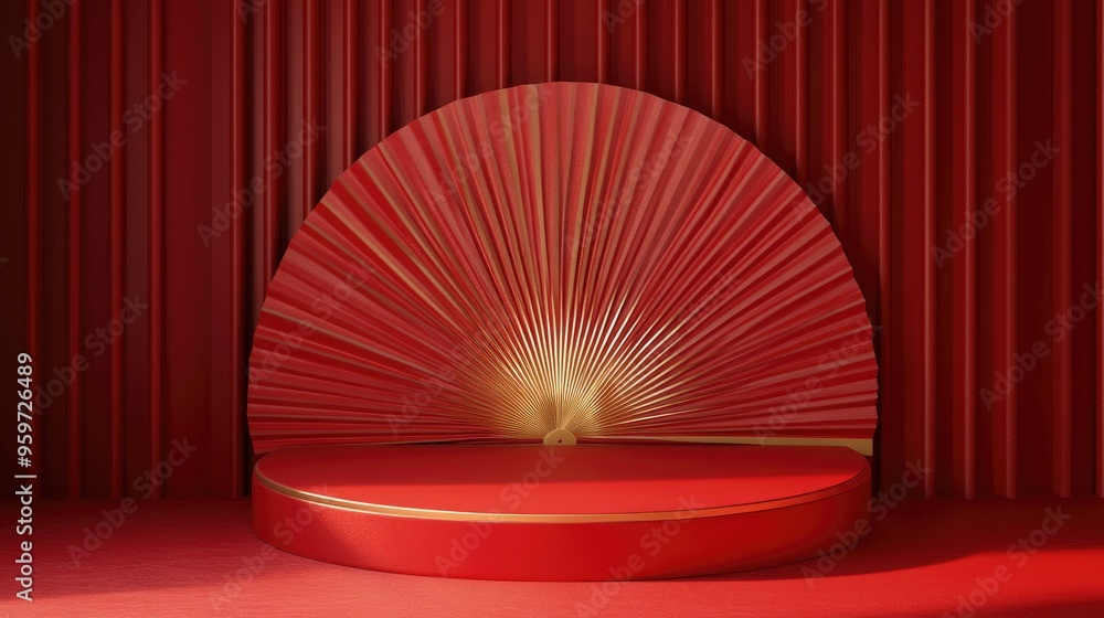 Poster red circular podium with a matching fan backdrop adorned for a festive celebration 3d rendering