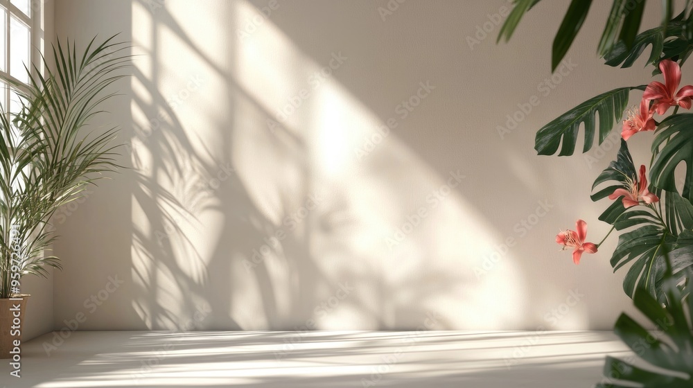 Poster abstract studio backdrop for showcasing products vacant space featuring window shadows flowers and p