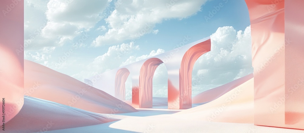 Poster Surreal pastel landscape featuring geometric shapes and abstract desert dunes complemented by arches in a panoramic futuristic setting with blue skies and clouds offering ample copy space