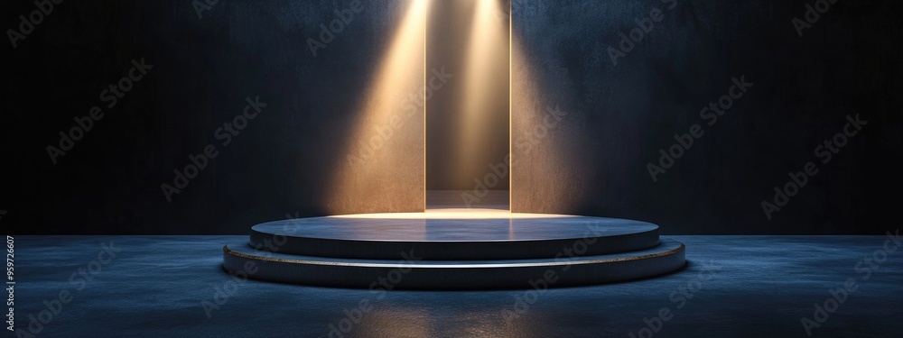 Poster illuminated empty podium with light emanating from an exit 3d rendering