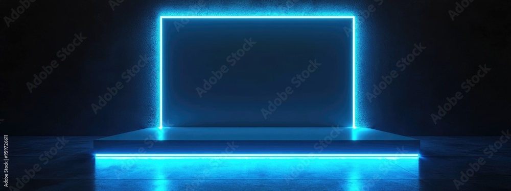 Poster Modern display for the future Blue light 3D rendering