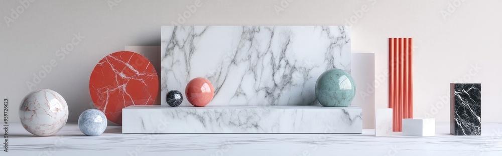Poster Marble texture geometric shape collection with blank podium shelf 3D rendering