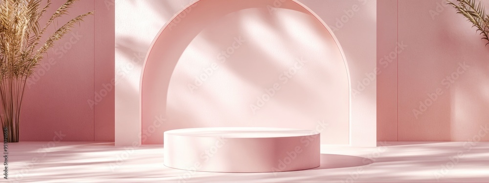 Aufkleber Showcase podium and stand on a soft pastel background for high end products 3D rendering Studio setting featuring geometric shapes and an arch serving as an architectural backdrop for product adve