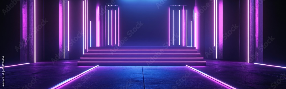 Aufkleber Empty stage illuminated by neon lines in a dark environment 3D rendering Digital illustration