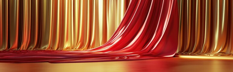 Fototapeta premium Podium draped in red fabric with a gold curtain in the background 3D illustration