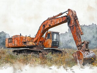 Rusty excavator abandoned in a field, overgrown with wildflowers, watercolor style