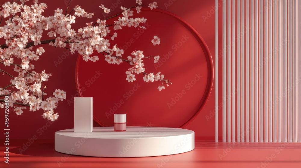 Poster red podium display for cosmetic products in geometric japanese style 3d rendering