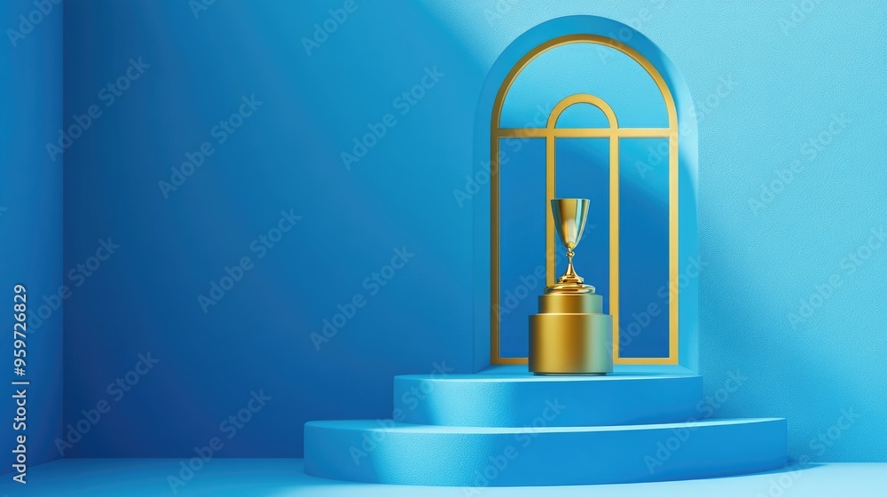 Aufkleber Golden Award Trophy placed on a blue realistic cylinder podium with an arch window in a studio setting featuring steps captured in extreme close up 3D rendering