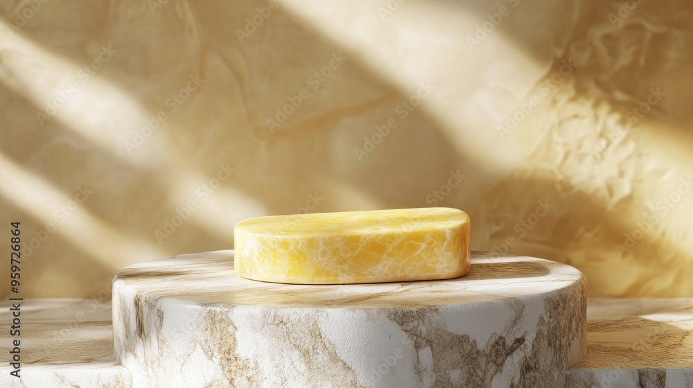 Poster yellow product display on 3d marble podium with minimal natural background
