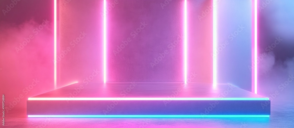 Poster Blank product display with neon lights against a pastel colored background 3D rendering