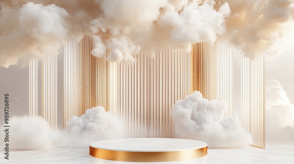 Aufkleber Light beige and pastel orange 3D rendering of a product display podium featuring abstract clouds and golden lines set against a luxurious minimalist background with a cylindrical platform