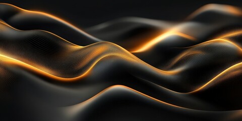 Obraz premium Abstract digital art with golden waves and black background, illuminated by numerous small sparkles.