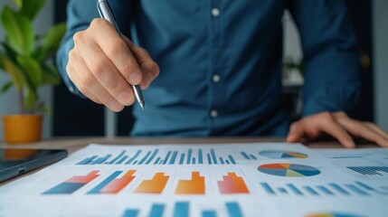 Naklejka premium Business professional analyzing colorful charts and graphs on paper with a pen. Concept of data analysis, finance, and market research