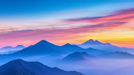 Breathtaking mountain landscape at sunrise with vibrant colors and fog. Ideal for nature and travel themes