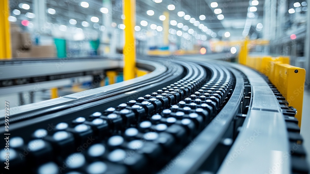 Poster conveyor belt system: a close-up view of a modern, efficient conveyor belt system in a factory or wa
