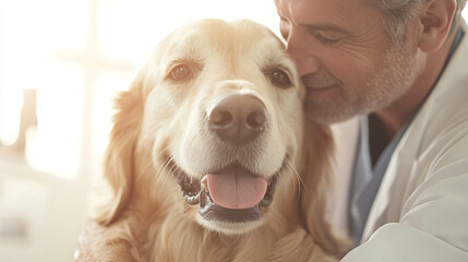 Smiling veterinary professional with adorable golden retriever highlighting compassionate animal care in modern clinic