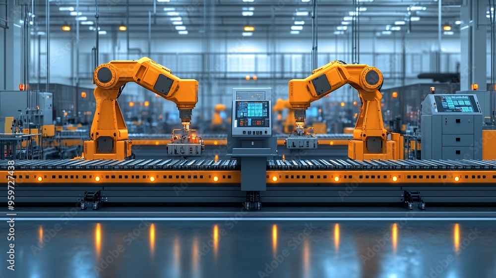 Aufkleber the future of manufacturing: two robotic arms work in tandem on an assembly line, showcasing the eff