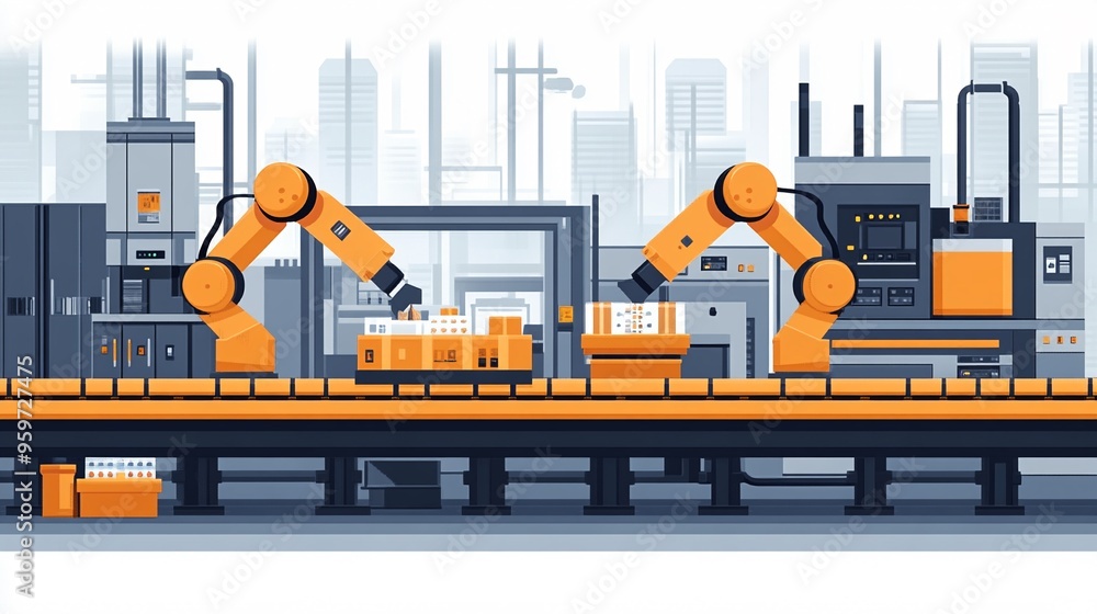 Aufkleber automated efficiency: robotic arms work in unison on a factory production line, symbolizing modern m