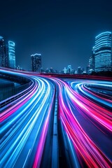 Obraz premium Glowing pathways connecting a digital metropolis, front view, highlighting the evolution of smart infrastructure, digital tone, Tetradic color scheme