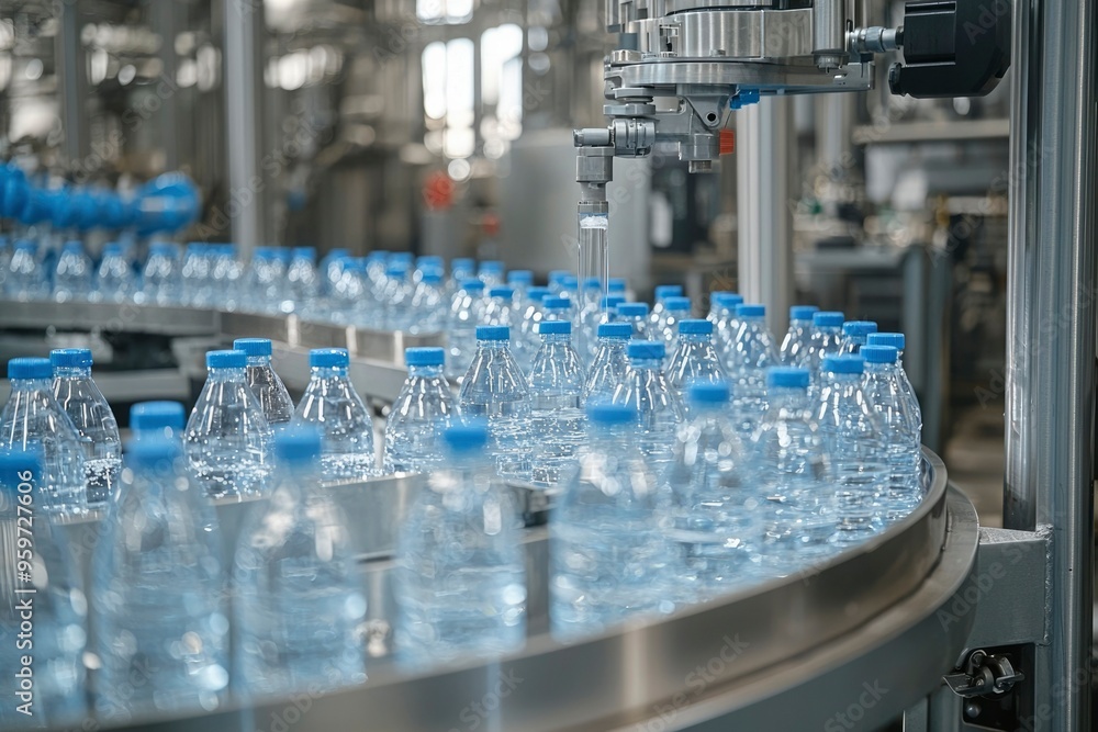 Poster automated water bottle filling and conveyor system in a factory