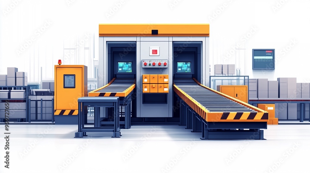 Poster automated warehouse: a robotic arm deftly moves packages along a conveyor belt within a modern wareh