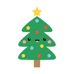 Green Fir Christmas tree icon. Star top, ball. Happy New Year. Cute cartoon kawaii funny character. Smiling face. Xmas decoration. Greeting card. Childish style. Flat design. White background. Vector