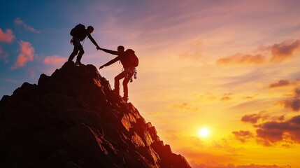 Fototapeta premium Mountain climbers at dawn, with one extending a hand to assist the other, showcasing the spirit of teamwork and the triumph of reaching new heights