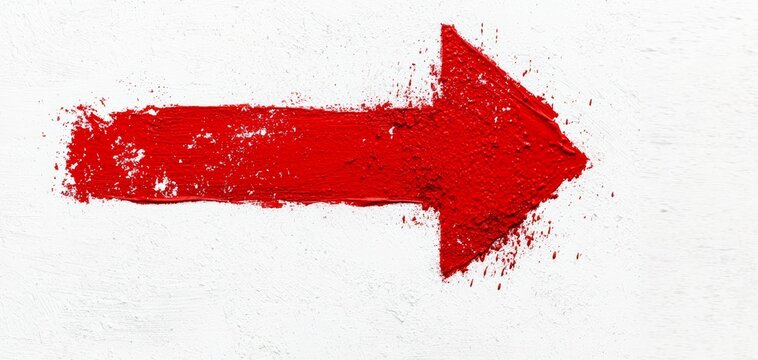 Minimalist red arrow with a rough, hand-drawn texture, isolated on a white background, perfect for use in navigation or call-to-action designs
