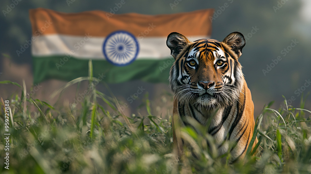 Wall mural majestic bengal tiger against indian flag backdrop symbolizing national pride and wildlife conservat