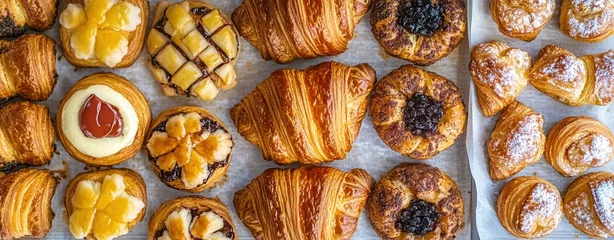 Fotobehang Gourmet Pastries: A delicious assortment of freshly baked pastries, including croissants, danishes, and other tempting treats, are displayed on a parchment-lined baking sheet. © SUNSU