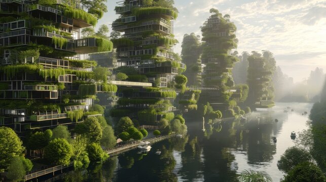 Stunning image of futuristic high-rise apartments covered in lush greenery along a serene river. The buildings incorporate modern architecture with sustainable design, blending nature with urban