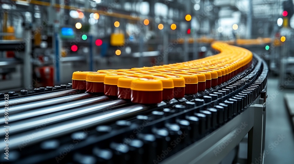 Poster precision on the production line: a close-up view of amber jars steadily moving along a modern facto