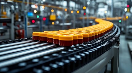 Obraz premium Precision on the Production Line: A close-up view of amber jars steadily moving along a modern factory conveyor belt, showcasing the efficiency of automated manufacturing processes. 