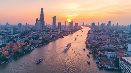 Fototapeta premium Top view of Bangkoks Chao Phraya River, with boats cruising between modern skyscrapers and historic temples at sunset.