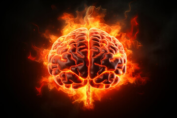 Human brain on fire. Brain burning in flames on black background. Brainstorming, new idea or burnout concept.
