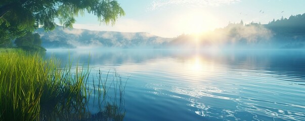 Tranquil lake with mist rising at dawn, 4K hyperrealistic photo