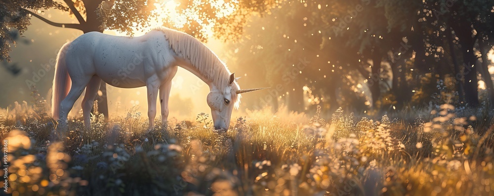 Canvas Prints Unicorn grazing in a sun-dappled meadow, 4K hyperrealistic photo