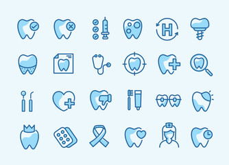 Dental icon set. containing tooth, dentist, toothpaste, toothbrush, teeth, implant and dentistry icons. can be used in children dentist clinic. medical health and dentistry concept.