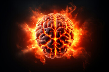 Human brain on fire. Brain burning in flames on black background. Brainstorming, new idea or burnout concept.