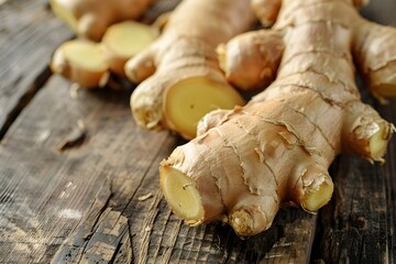 Fototapeta premium Fresh Ginger Root on Rustic Wooden Surface