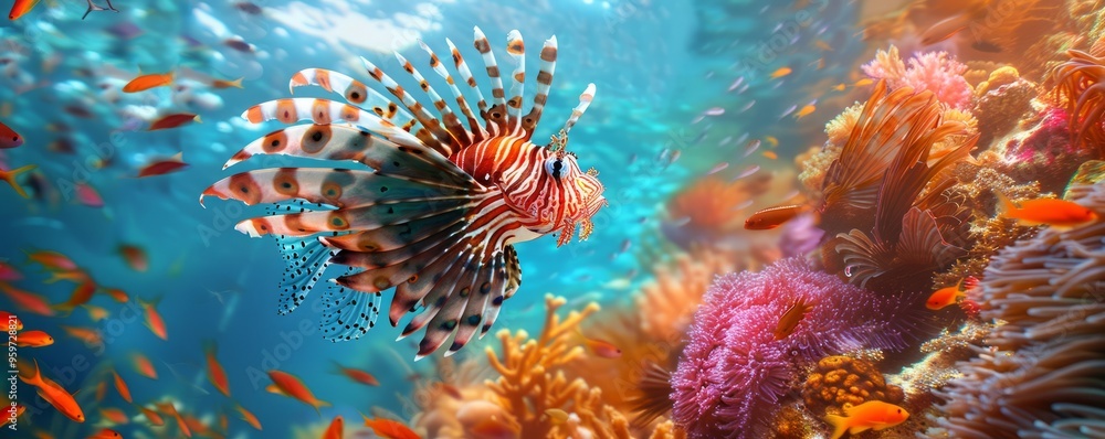 Poster Beautiful lionfish drifting through colorful reef, 4K hyperrealistic photo