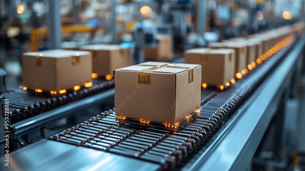 Poster precision on the production line: cardboard boxes journey through a brightly lit factory, embarking 