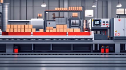 Automated Precision: A state-of-the-art factory hums with efficiency as a conveyor belt carries a steady stream of cardboard boxes through a sophisticated automated packaging system. 