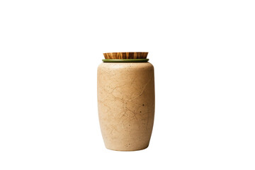 A sustainable, eco-friendly trash can made from recycled materials and a compostable lid, isolated on an earthy white background.