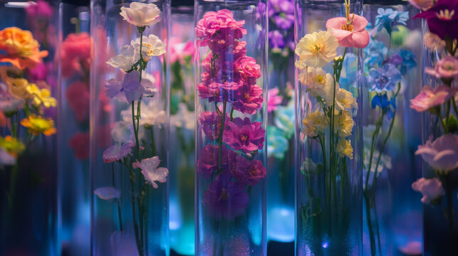 Pretty flowers are displayed in vases filled with a special gel that keeps them hydrated.