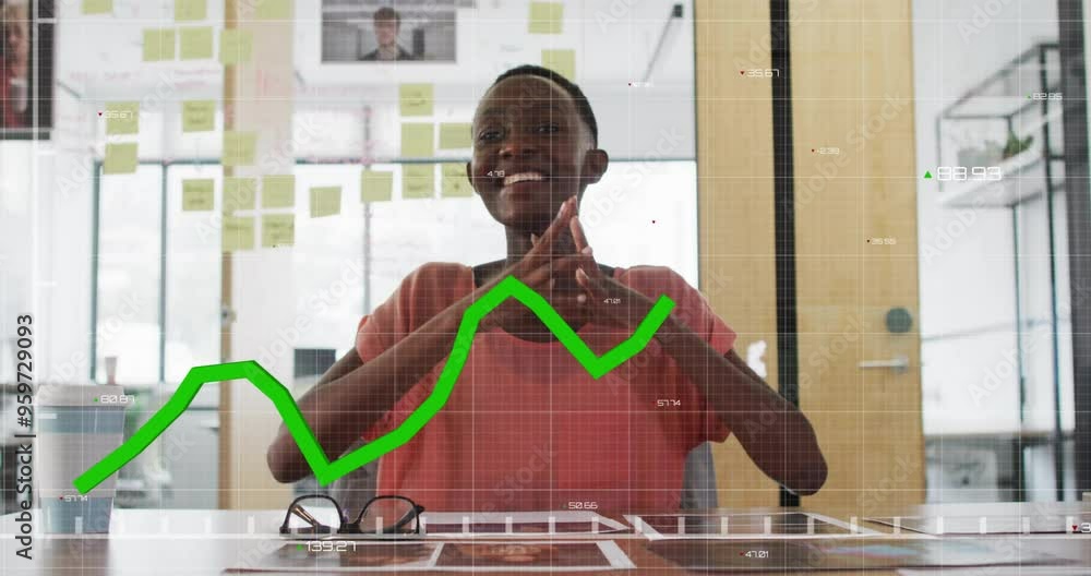 Poster financial data graph animation over smiling businessperson in office with sticky notes