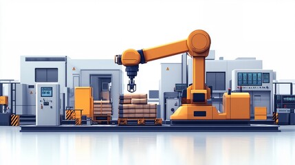 Automated Efficiency: A futuristic manufacturing line featuring a robotic arm, showcases the power of automation in modern industry.  The machine seamlessly operates within a clean and organized facil
