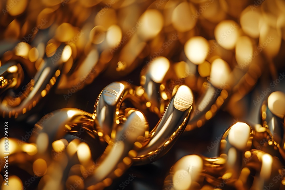 Poster close-up of shimmering gold chains with a bokeh background