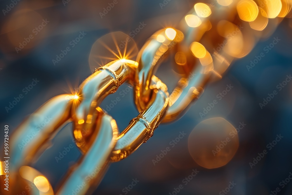 Poster glimmering golden chain links with bokeh background